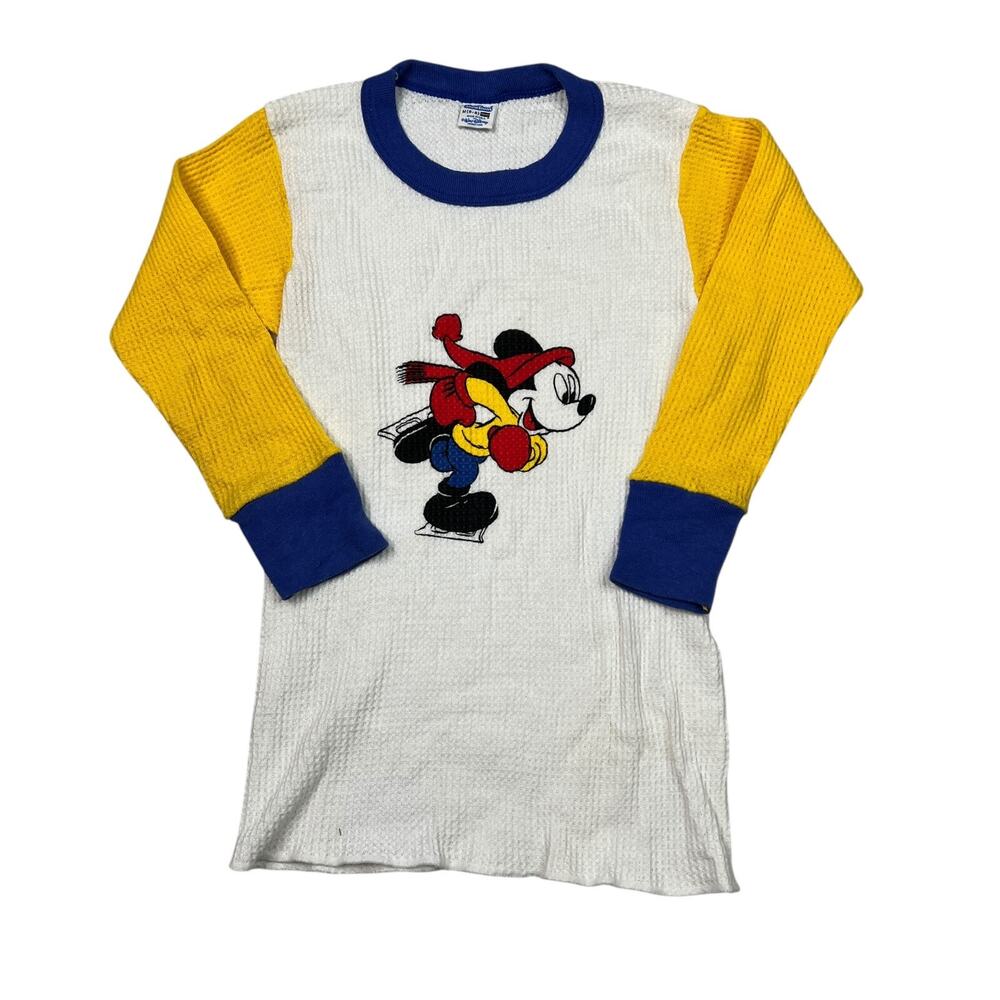 Disney VTG 80s Skating Mickey Waffle Knit Thermal Long Sleeve Shirt Youth M 6/8